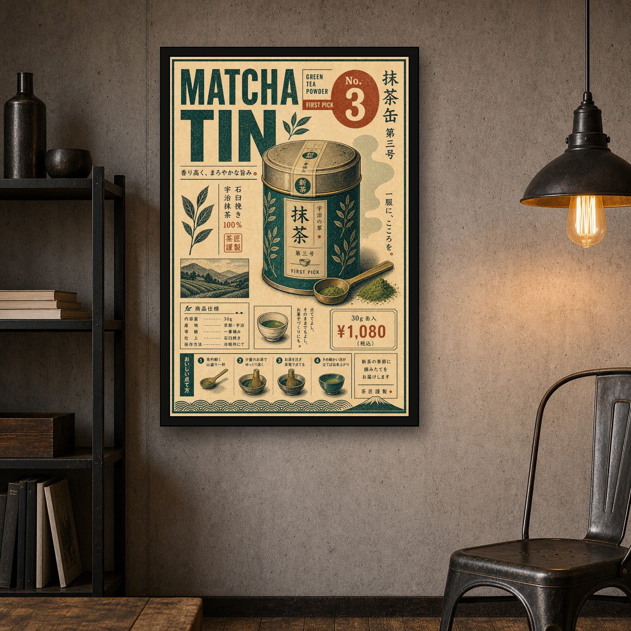 Matcha Tea Powder Japanese Retro Poster Print - 2x3 room mockup