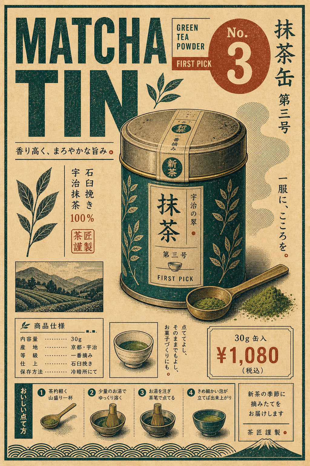 Matcha Tea Powder Japanese Retro Poster Print