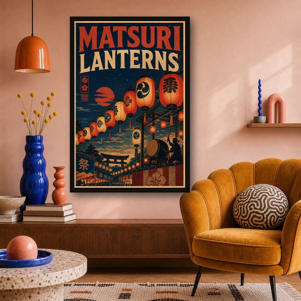 Matsurilanterns Japanese Retro Poster Print - 2x3 room mockup