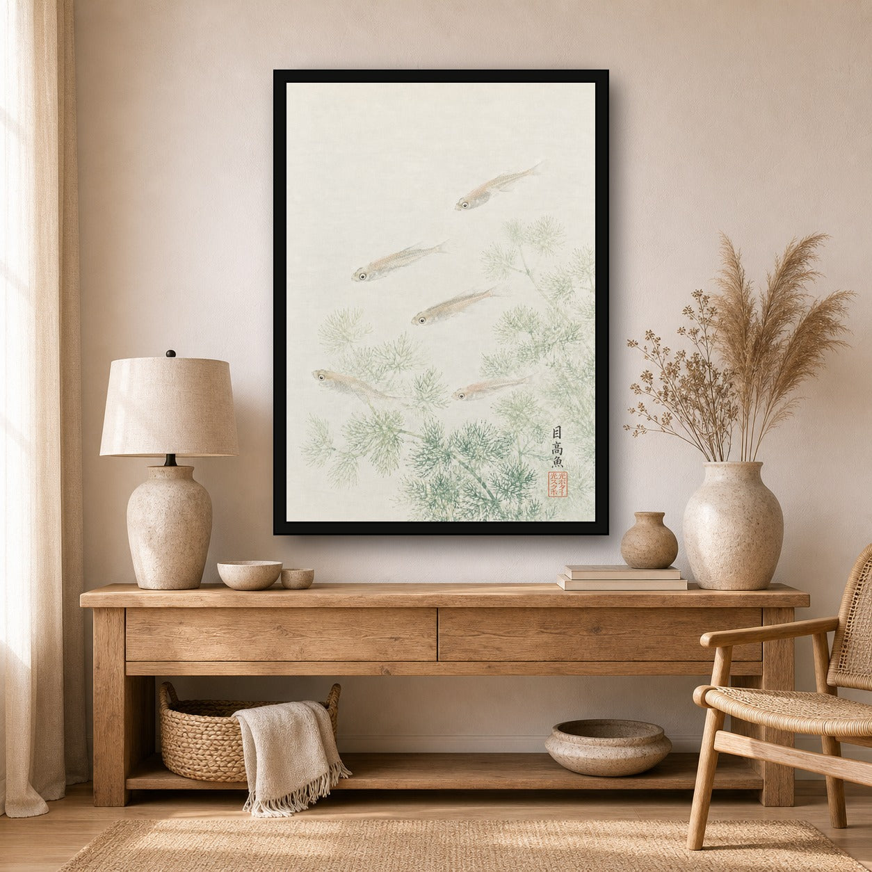 Medaka Fish Pine Scroll Japanese inspired poster print for modern wall decor
