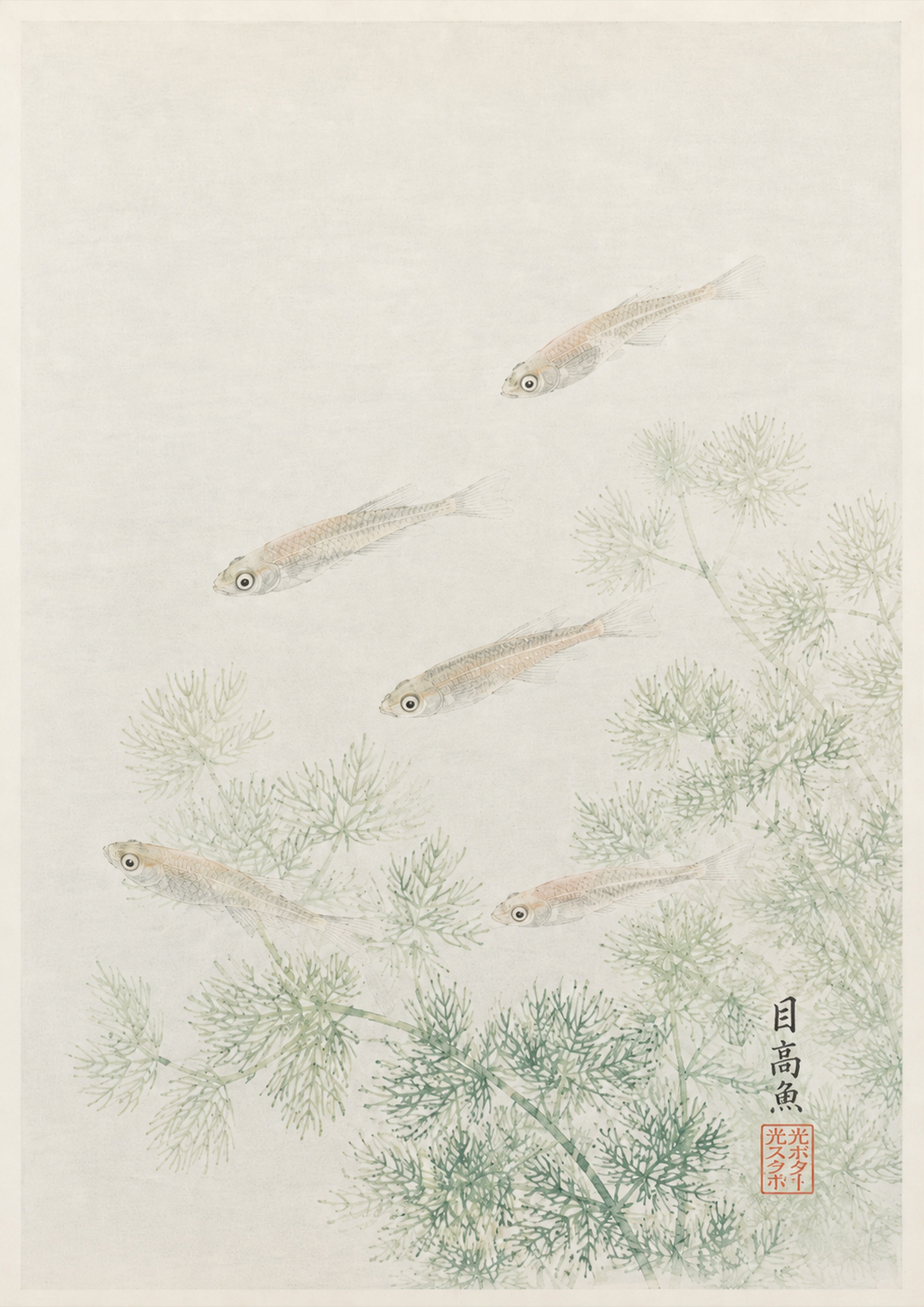 Medaka Fish Pine Scroll Japanese inspired poster print for modern wall decor
