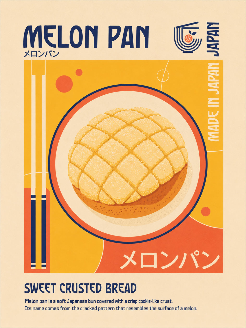 Melon Pan Poster, Retro Japanese Food Wall Art, Sweet Crusted Bread Print in Multiple Sizes - corrected 3x4 flat artwork