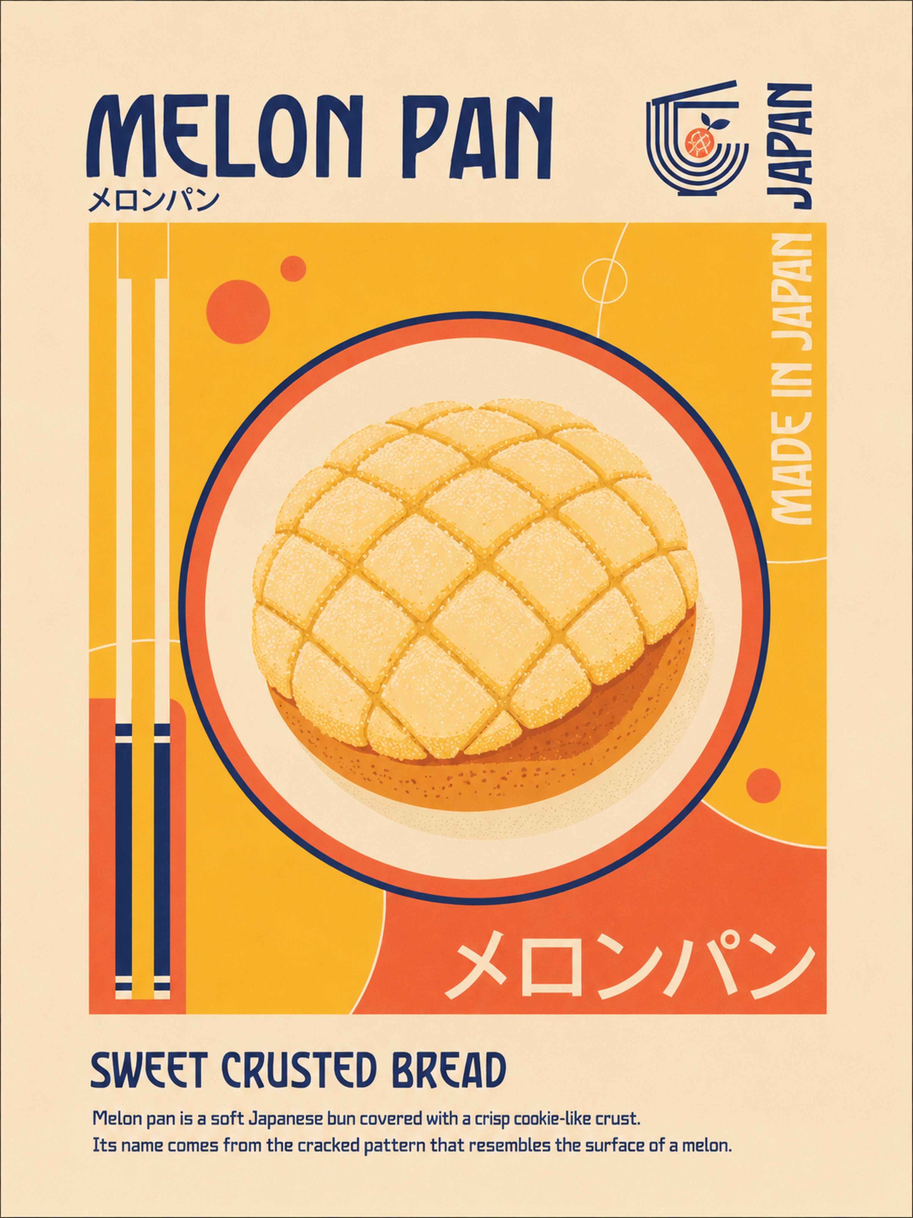 Melon Pan Poster, Retro Japanese Food Wall Art, Sweet Crusted Bread Print in Multiple Sizes - corrected 3x4 flat artwork