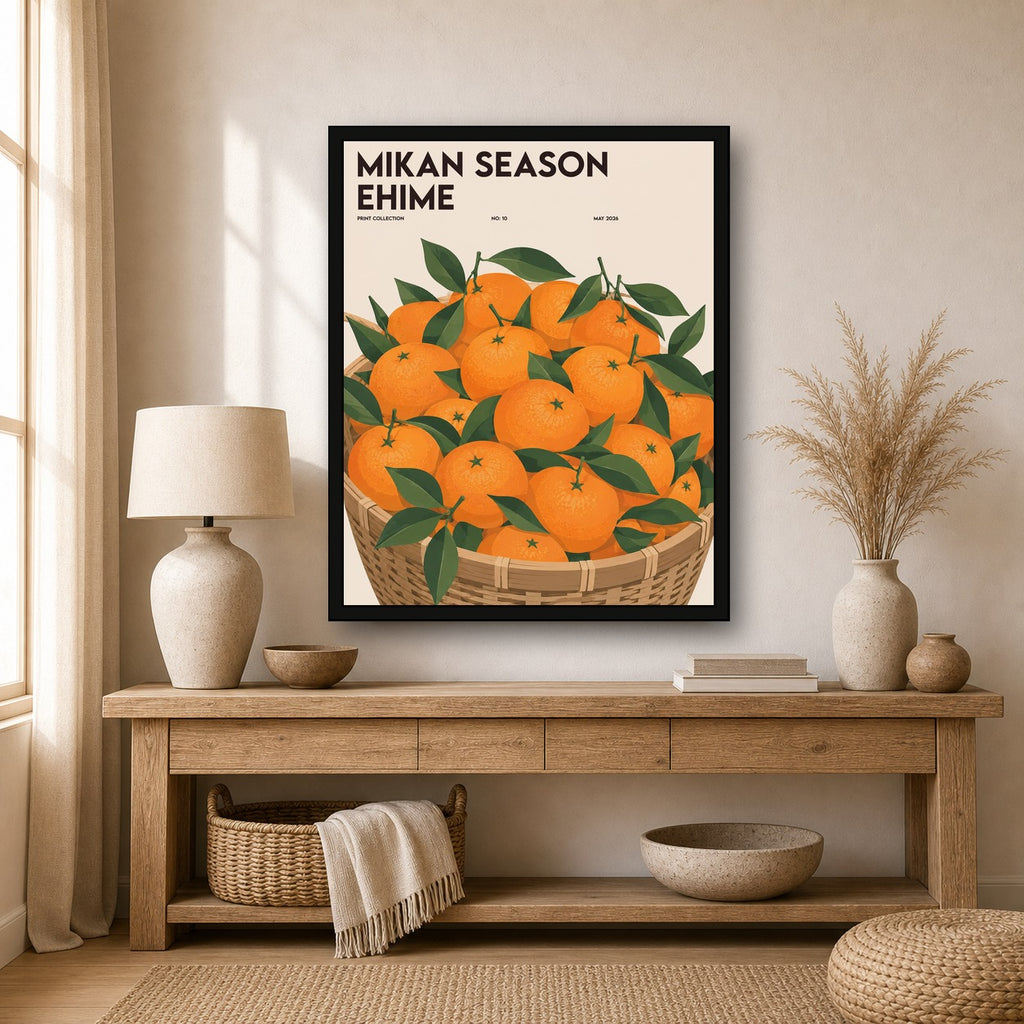 Mikan Season Ehime Poster, Japanese Citrus Fruit Art, Vibrant Orange & Green Wall Decor - 4x5 room mockup