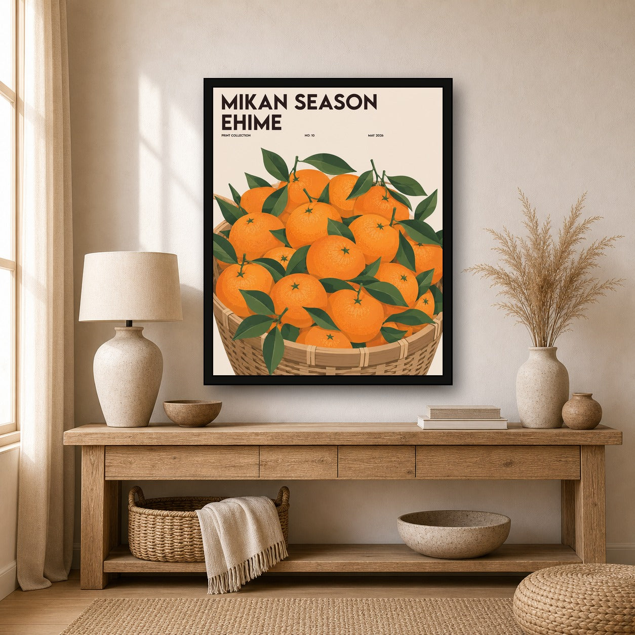 Mikan Season Ehime Poster, Japanese Citrus Fruit Art, Vibrant Orange & Green Wall Decor - 4x5 room mockup