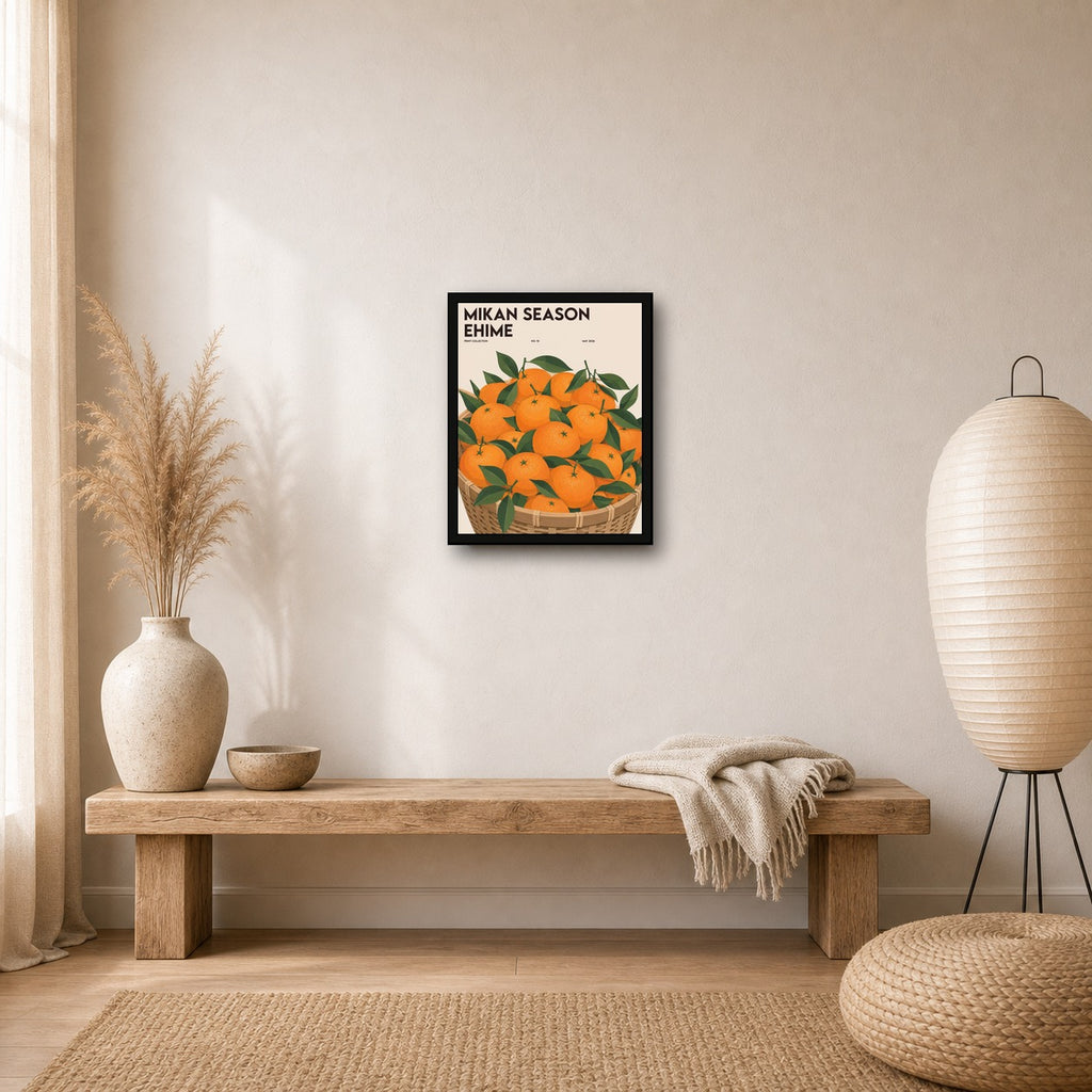 Mikan Season Ehime Poster, Japanese Citrus Fruit Art, Vibrant Orange & Green Wall Decor - 4x5 room mockup