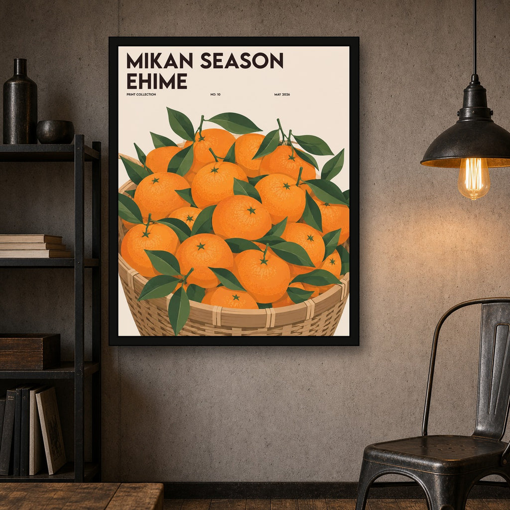 Mikan Season Ehime Poster, Japanese Citrus Fruit Art, Vibrant Orange & Green Wall Decor - 4x5 room mockup