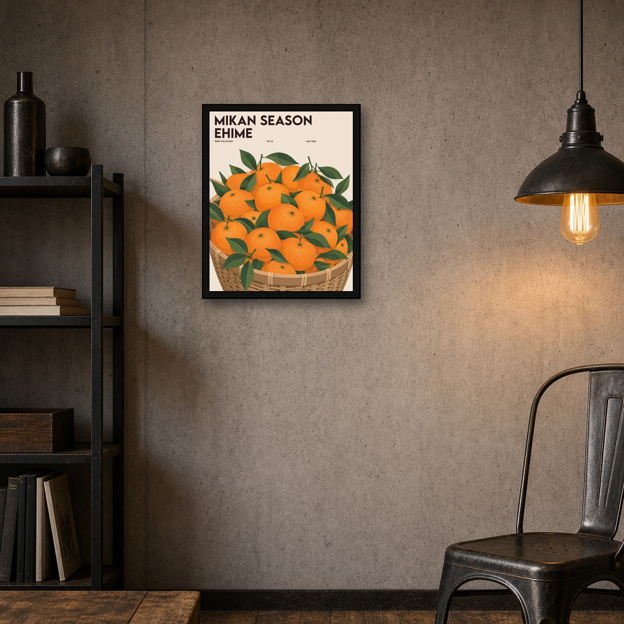 Mikan Season Ehime Poster, Japanese Citrus Fruit Art, Vibrant Orange & Green Wall Decor - 4x5 room mockup