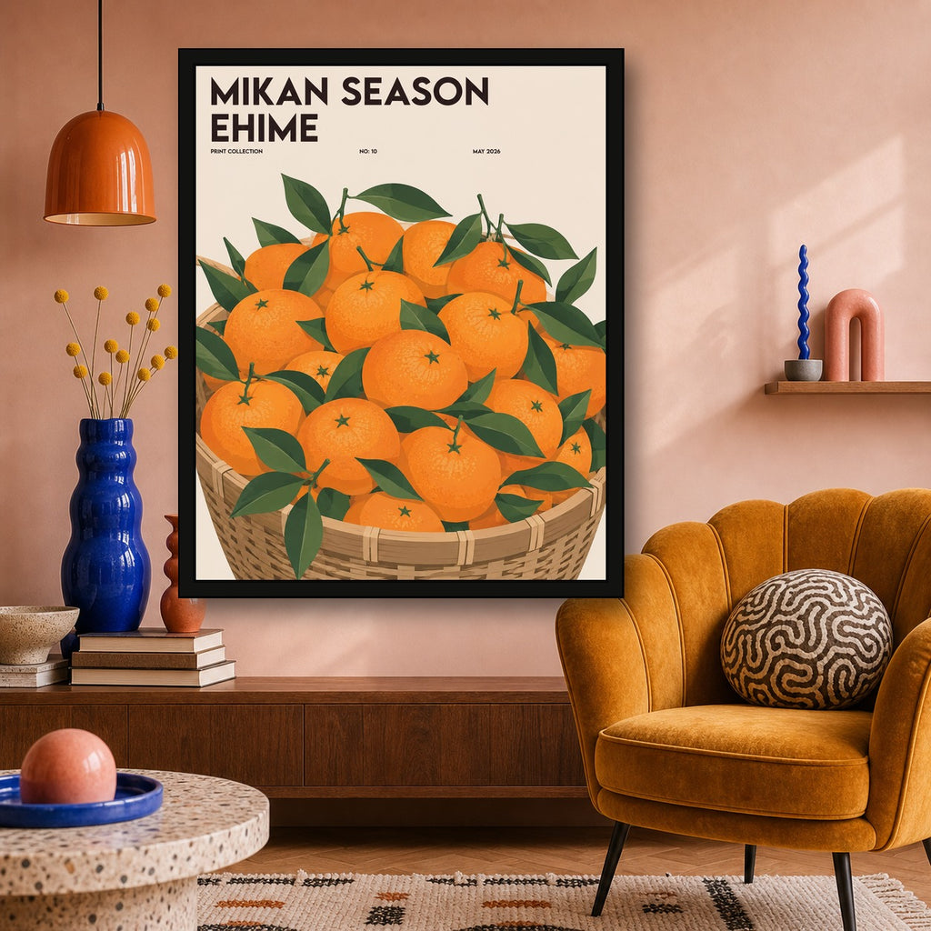 Mikan Season Ehime Poster, Japanese Citrus Fruit Art, Vibrant Orange & Green Wall Decor - 4x5 room mockup