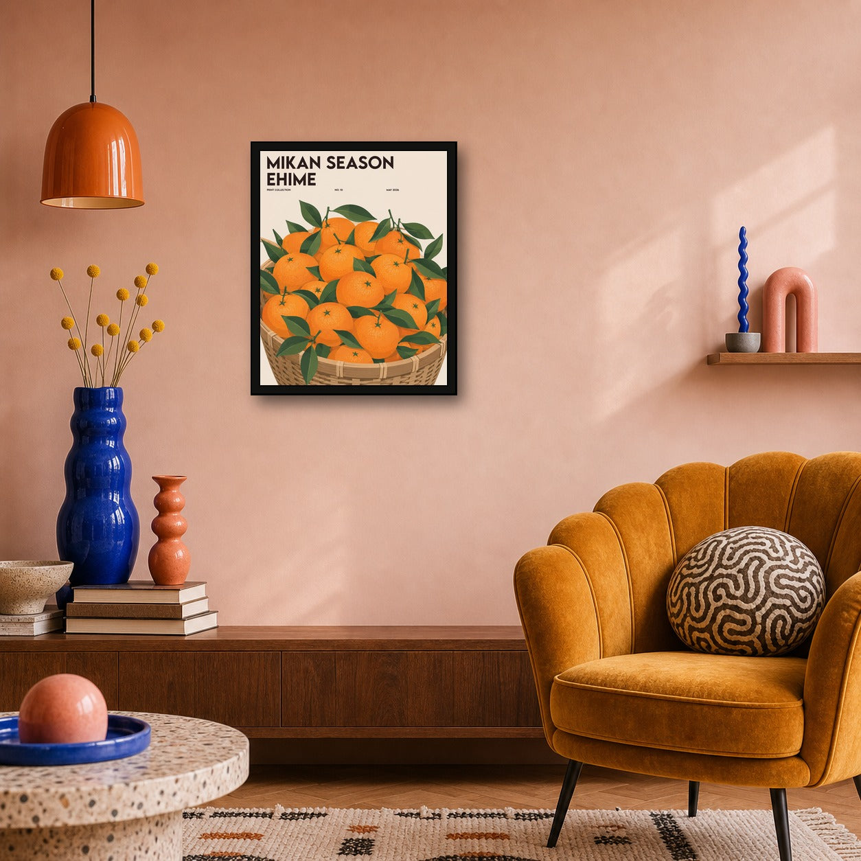 Mikan Season Ehime Poster, Japanese Citrus Fruit Art, Vibrant Orange & Green Wall Decor - 4x5 room mockup