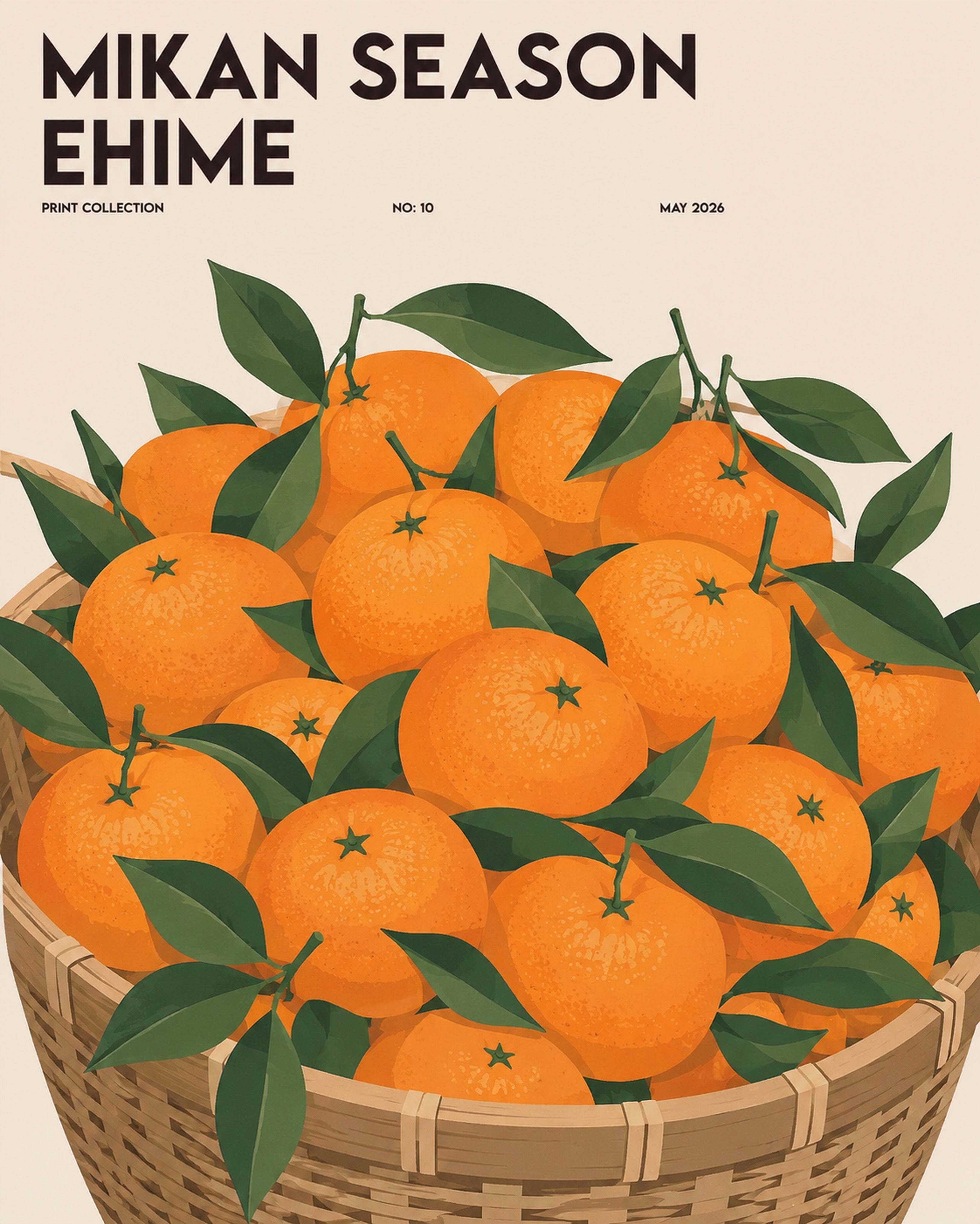 Mikan Season Ehime Poster, Japanese Citrus Fruit Art, Vibrant Orange & Green Wall Decor