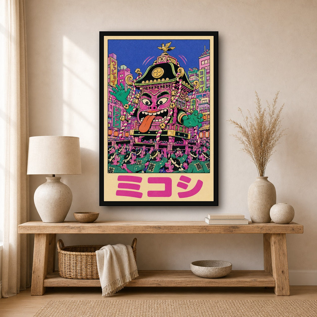 Mikoshipink Festival Poster, Vibrant Japanese Art, Psychedelic Ukiyo-e Wall Decor - 2x3 room mockup