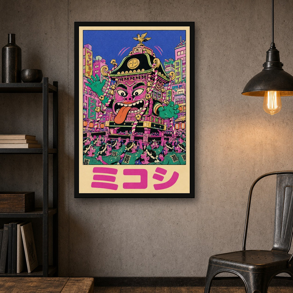 Mikoshipink Festival Poster, Vibrant Japanese Art, Psychedelic Ukiyo-e Wall Decor - 2x3 room mockup