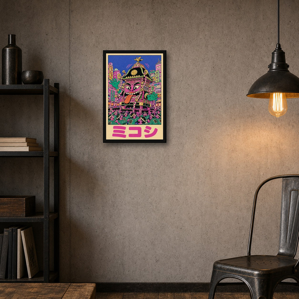Mikoshipink Festival Poster, Vibrant Japanese Art, Psychedelic Ukiyo-e Wall Decor - 2x3 room mockup