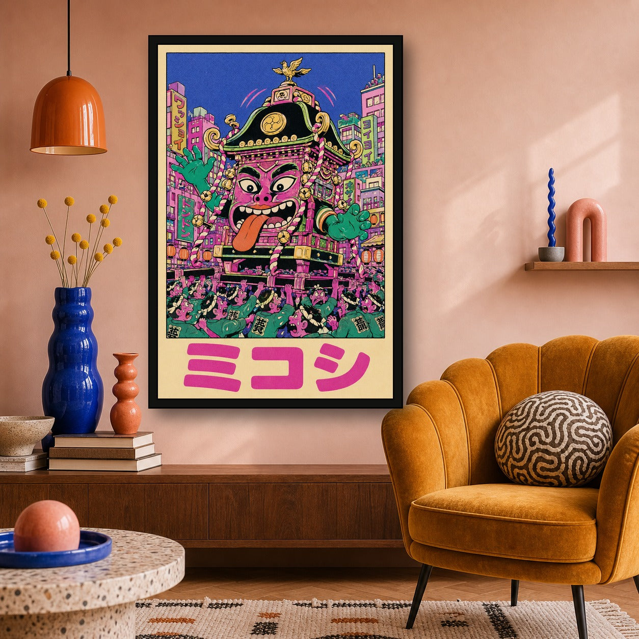 Mikoshipink Festival Poster, Vibrant Japanese Art, Psychedelic Ukiyo-e Wall Decor - 2x3 room mockup