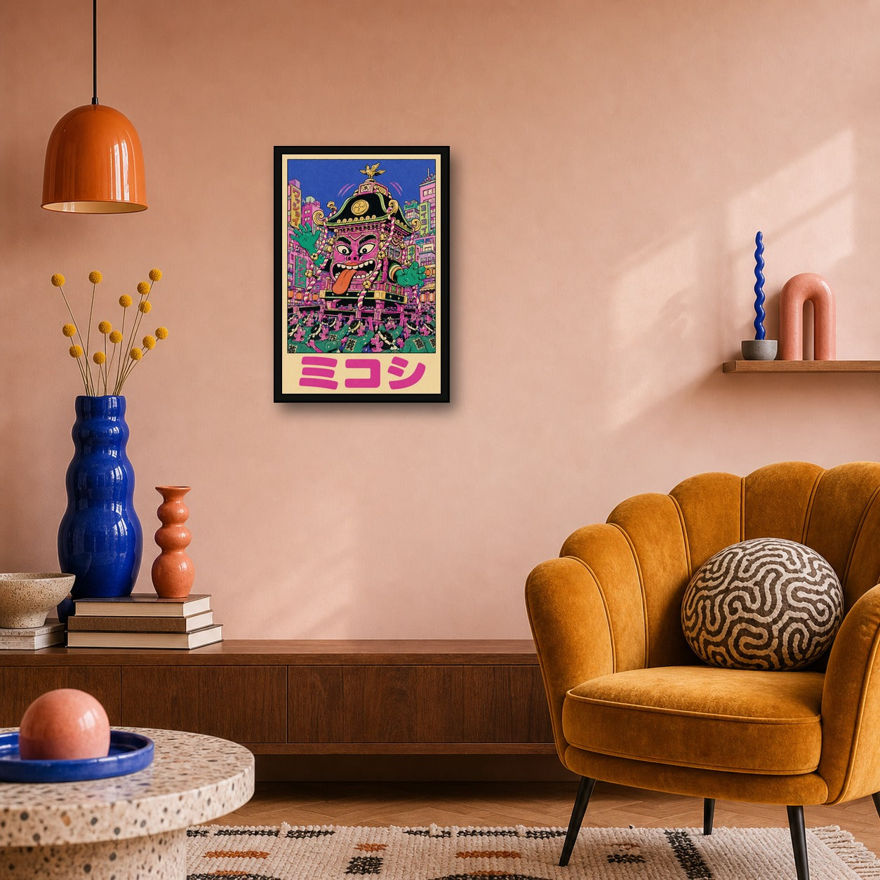 Mikoshipink Festival Poster, Vibrant Japanese Art, Psychedelic Ukiyo-e Wall Decor - 2x3 room mockup