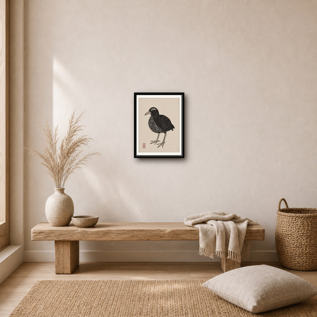 Minimalist Bird Art Print, Japanese Ukiyo-e Style Wall Art, Serene Nature Decor in Various Sizes - corrected 3x4 room mockup