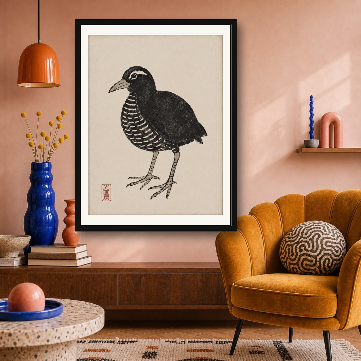 Minimalist Bird Art Print, Japanese Ukiyo-e Style Wall Art, Serene Nature Decor in Various Sizes - corrected 3x4 room mockup