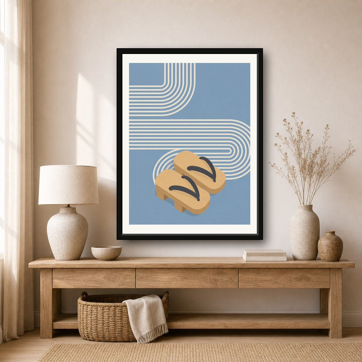Minimalist Japanese Geta Sandals Poster, Serene Travel Art Print in Your Choice of Six Sizes - corrected 3x4 room mockup