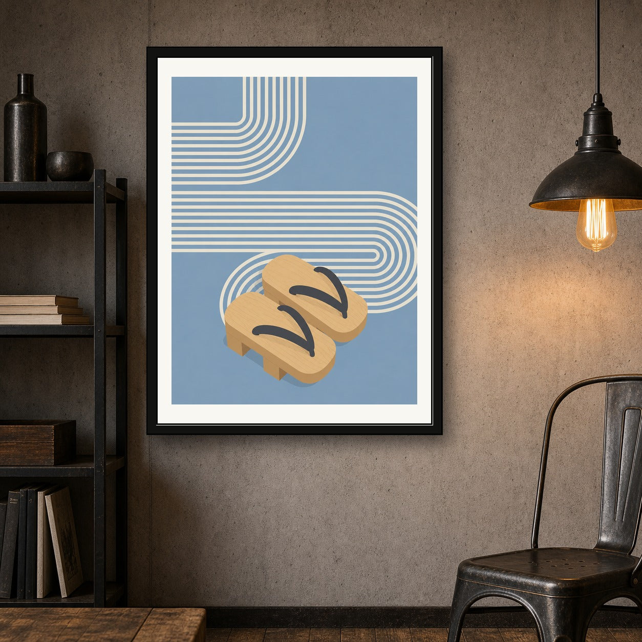 Minimalist Japanese Geta Sandals Poster, Serene Travel Art Print in Your Choice of Six Sizes - corrected 3x4 room mockup