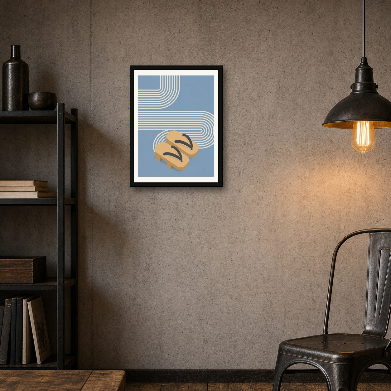 Minimalist Japanese Geta Sandals Poster, Serene Travel Art Print in Your Choice of Six Sizes - corrected 3x4 room mockup