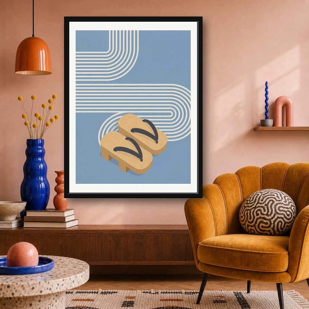 Minimalist Japanese Geta Sandals Poster, Serene Travel Art Print in Your Choice of Six Sizes - corrected 3x4 room mockup