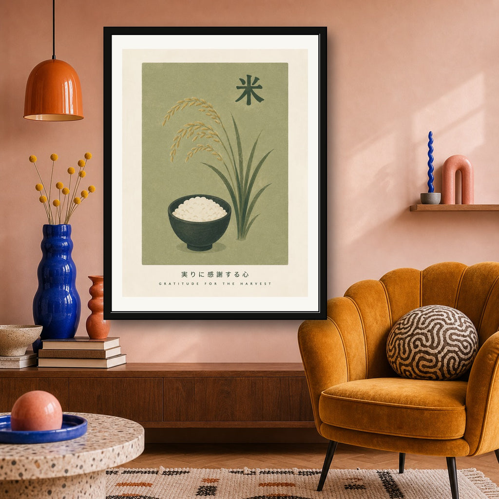 Minimalist Japanese Rice Harvest Art Print - Zen Home Decor in Six Sizes - corrected 3x4 room mockup