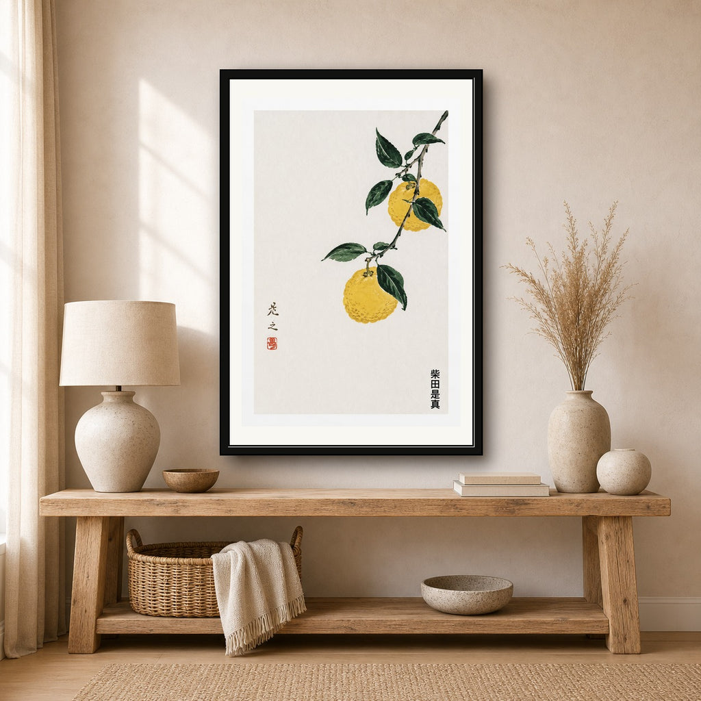 Minimalist Yuzu Fruit Art Print, Vibrant Japanese Sumi-e Inspired Citrus Wall Decor - corrected 2x3 room mockup