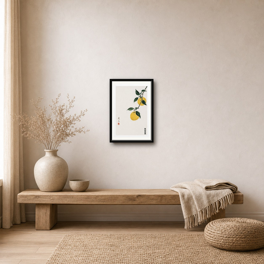Minimalist Yuzu Fruit Art Print, Vibrant Japanese Sumi-e Inspired Citrus Wall Decor - corrected 2x3 room mockup
