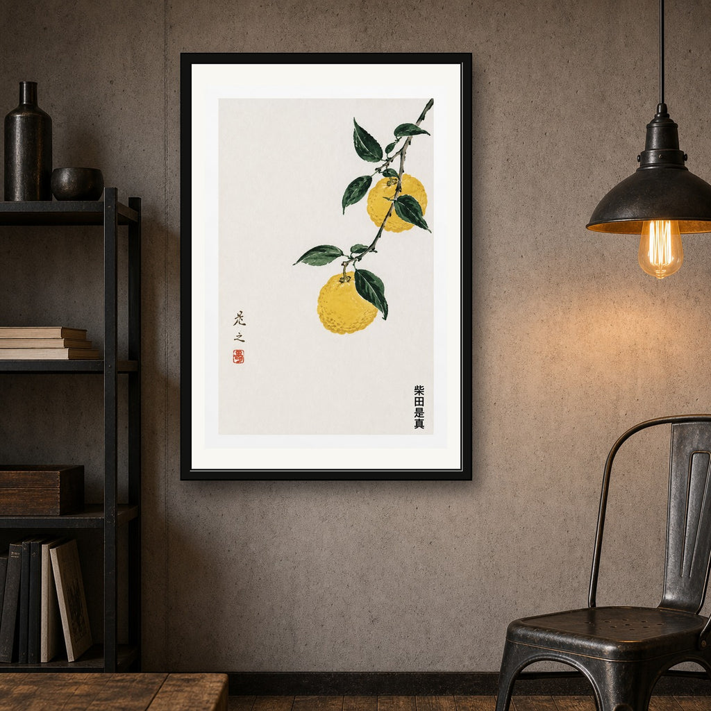 Minimalist Yuzu Fruit Art Print, Vibrant Japanese Sumi-e Inspired Citrus Wall Decor - corrected 2x3 room mockup