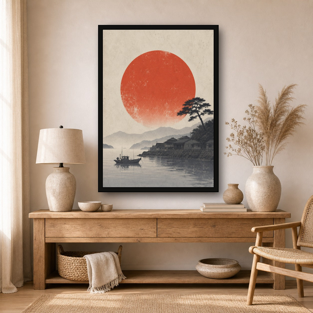 Misty Harbor Red Sun Poster, Japanese Landscape Wall Art, Travel Print - A room mockup