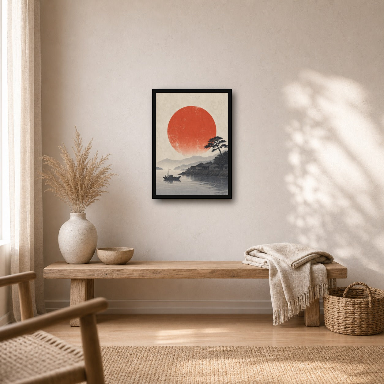 Misty Harbor Red Sun Poster, Japanese Landscape Wall Art, Travel Print - A room mockup