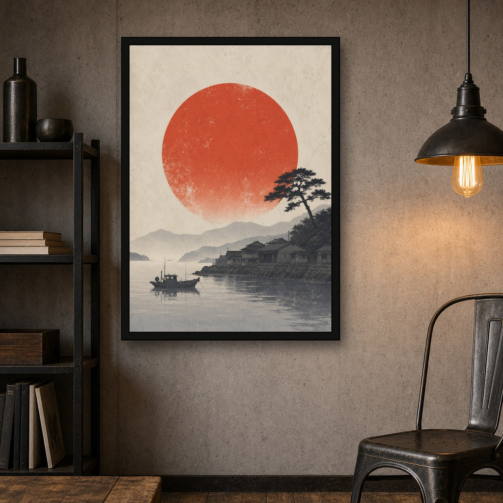 Misty Harbor Red Sun Poster, Japanese Landscape Wall Art, Travel Print - A room mockup