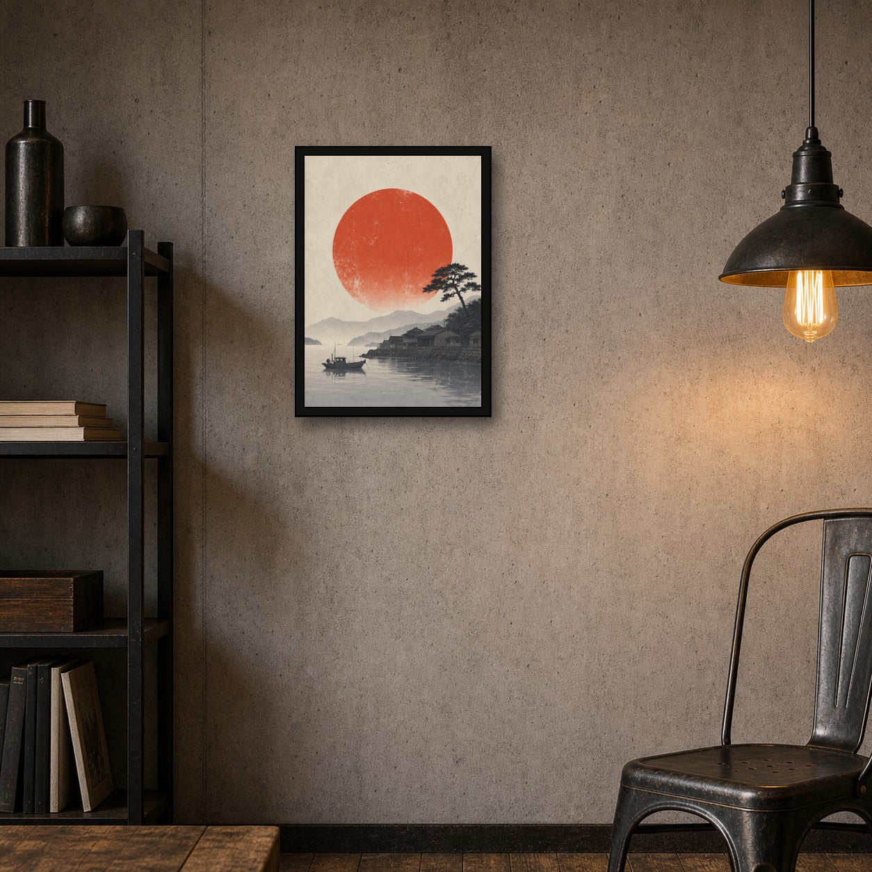 Misty Harbor Red Sun Poster, Japanese Landscape Wall Art, Travel Print - A room mockup