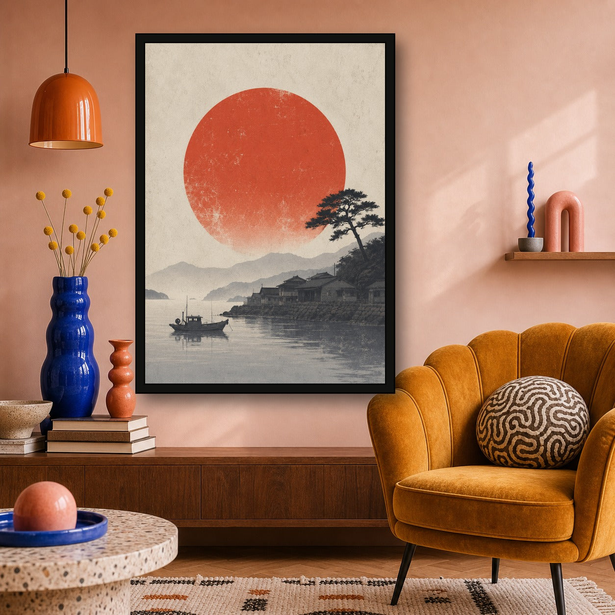 Misty Harbor Red Sun Poster, Japanese Landscape Wall Art, Travel Print - A room mockup