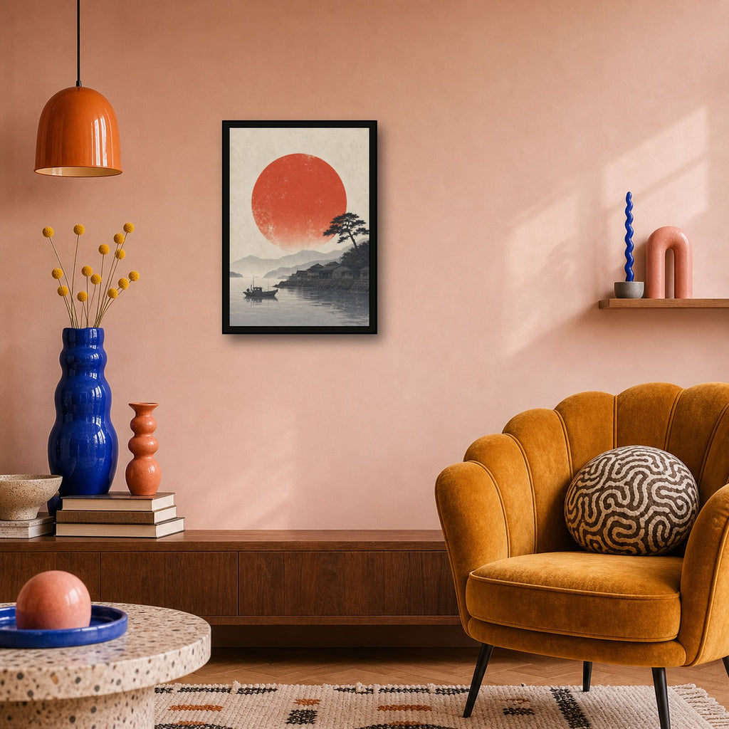 Misty Harbor Red Sun Poster, Japanese Landscape Wall Art, Travel Print - A room mockup