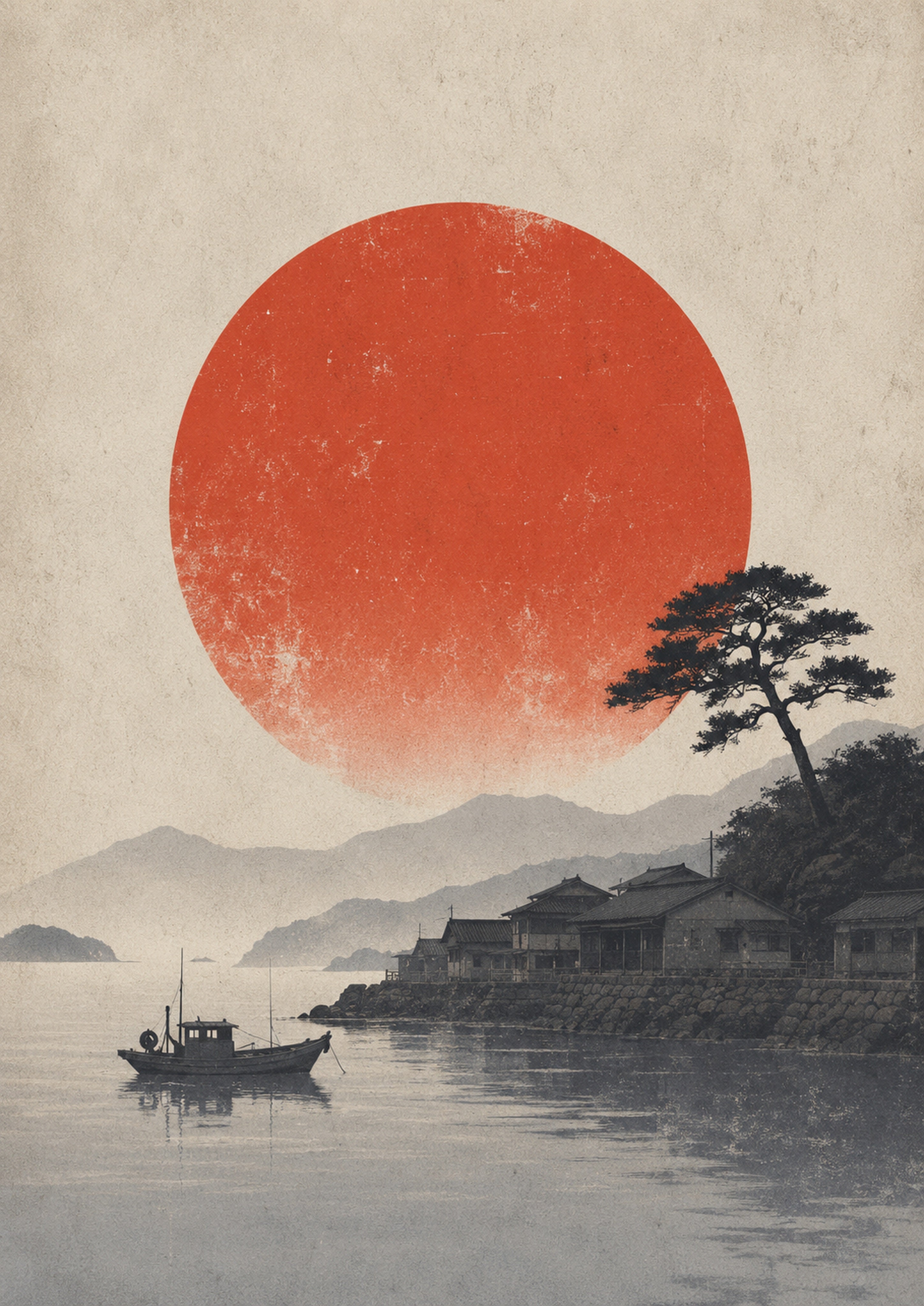 Misty Harbor Red Sun Poster, Japanese Landscape Wall Art, Travel Print - full A artwork