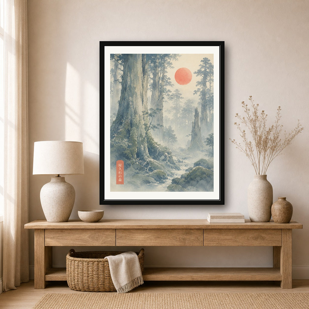 Misty Yakushima Forest Art Print, Japanese Nature Wall Art, Serene Woodblock Style Landscape Poster in Six Sizes - corrected 3x4 room mockup