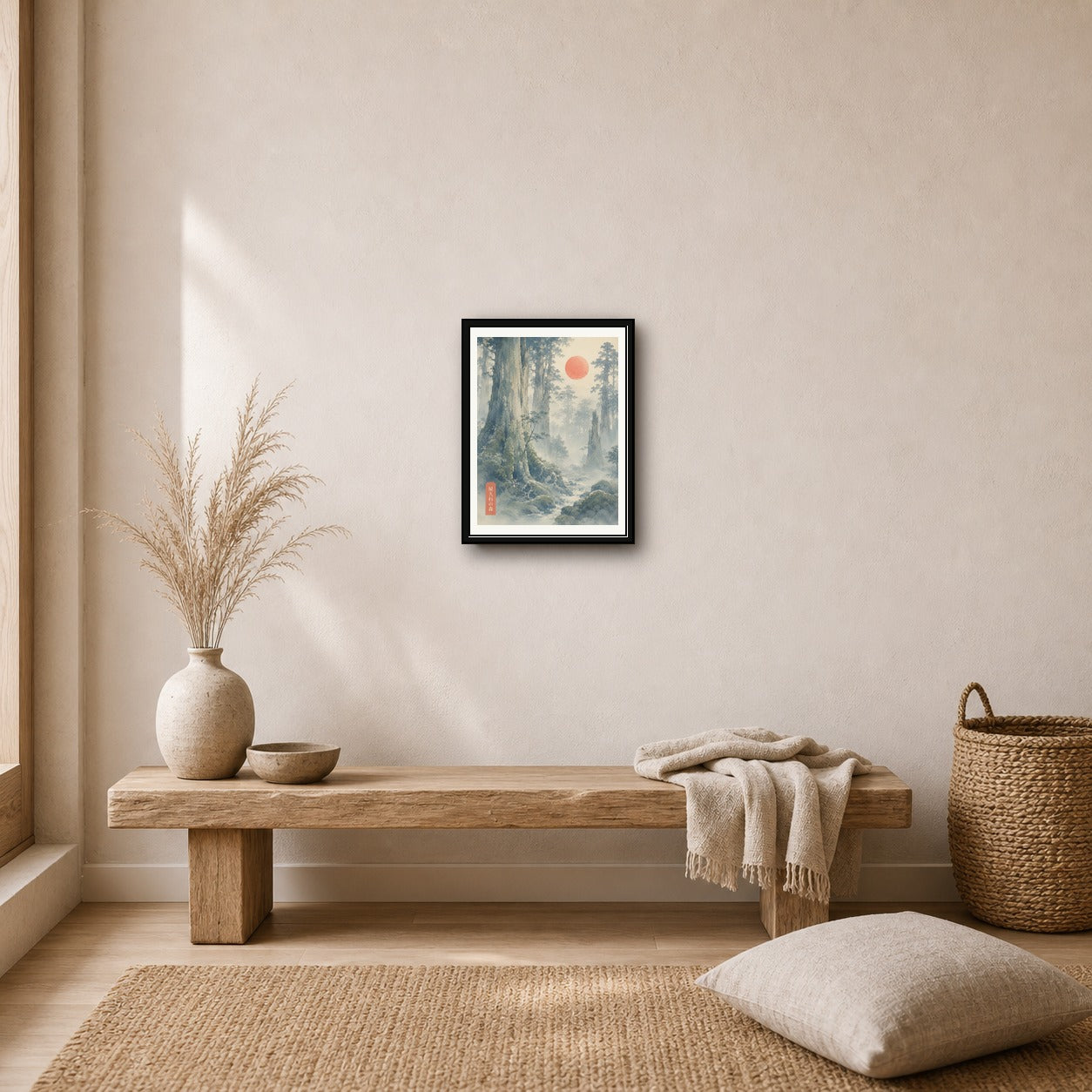 Misty Yakushima Forest Art Print, Japanese Nature Wall Art, Serene Woodblock Style Landscape Poster in Six Sizes - corrected 3x4 room mockup