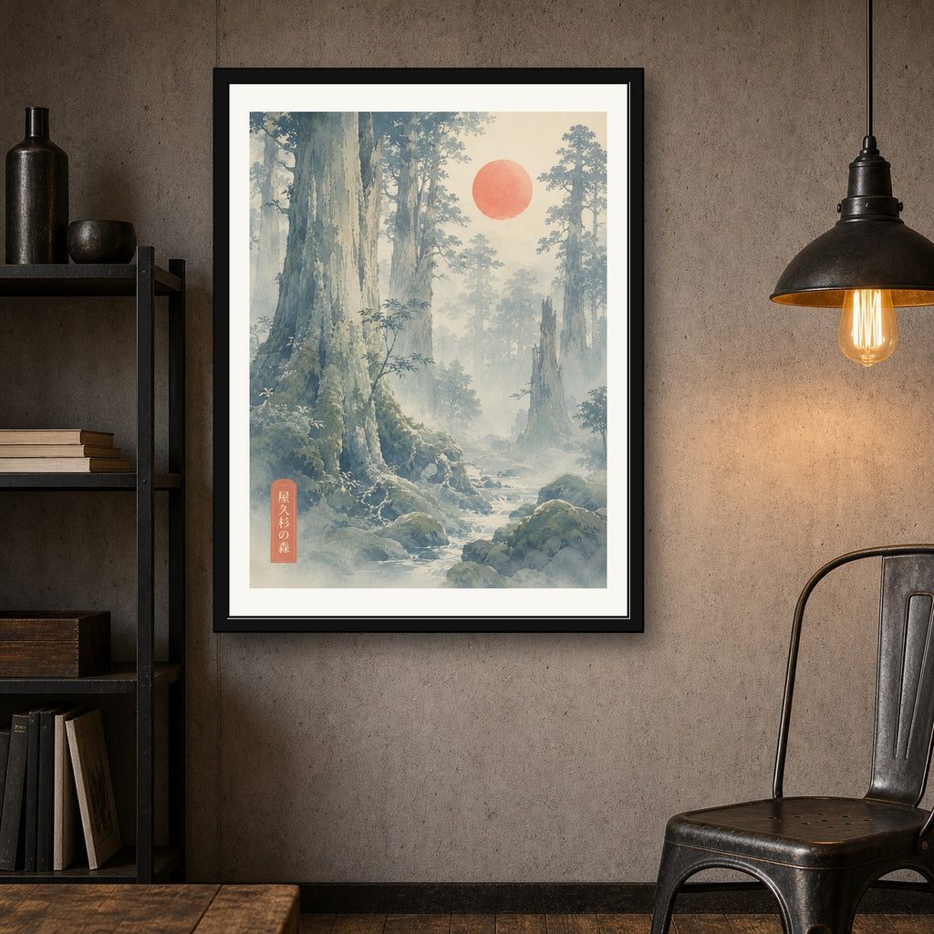 Misty Yakushima Forest Art Print, Japanese Nature Wall Art, Serene Woodblock Style Landscape Poster in Six Sizes - corrected 3x4 room mockup