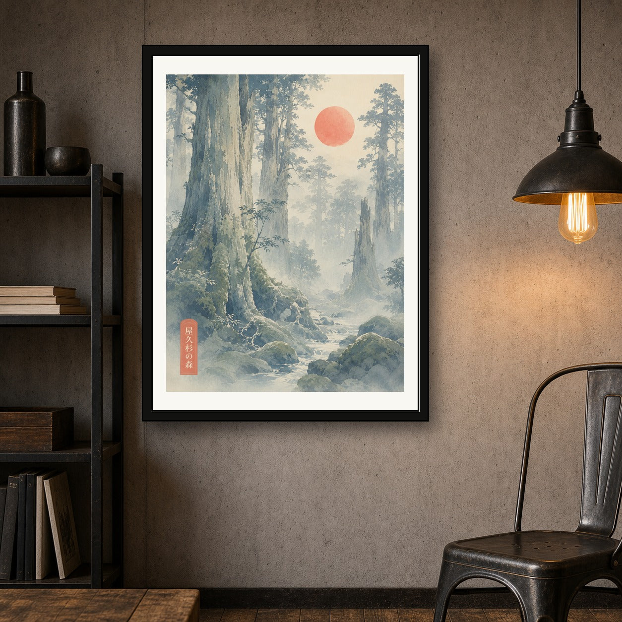 Misty Yakushima Forest Art Print, Japanese Nature Wall Art, Serene Woodblock Style Landscape Poster in Six Sizes - corrected 3x4 room mockup