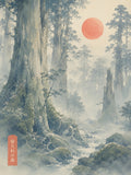 Misty Yakushima Forest Art Print, Japanese Nature Wall Art, Serene Woodblock Style Landscape Poster in Six Sizes - corrected 3x4 flat artwork