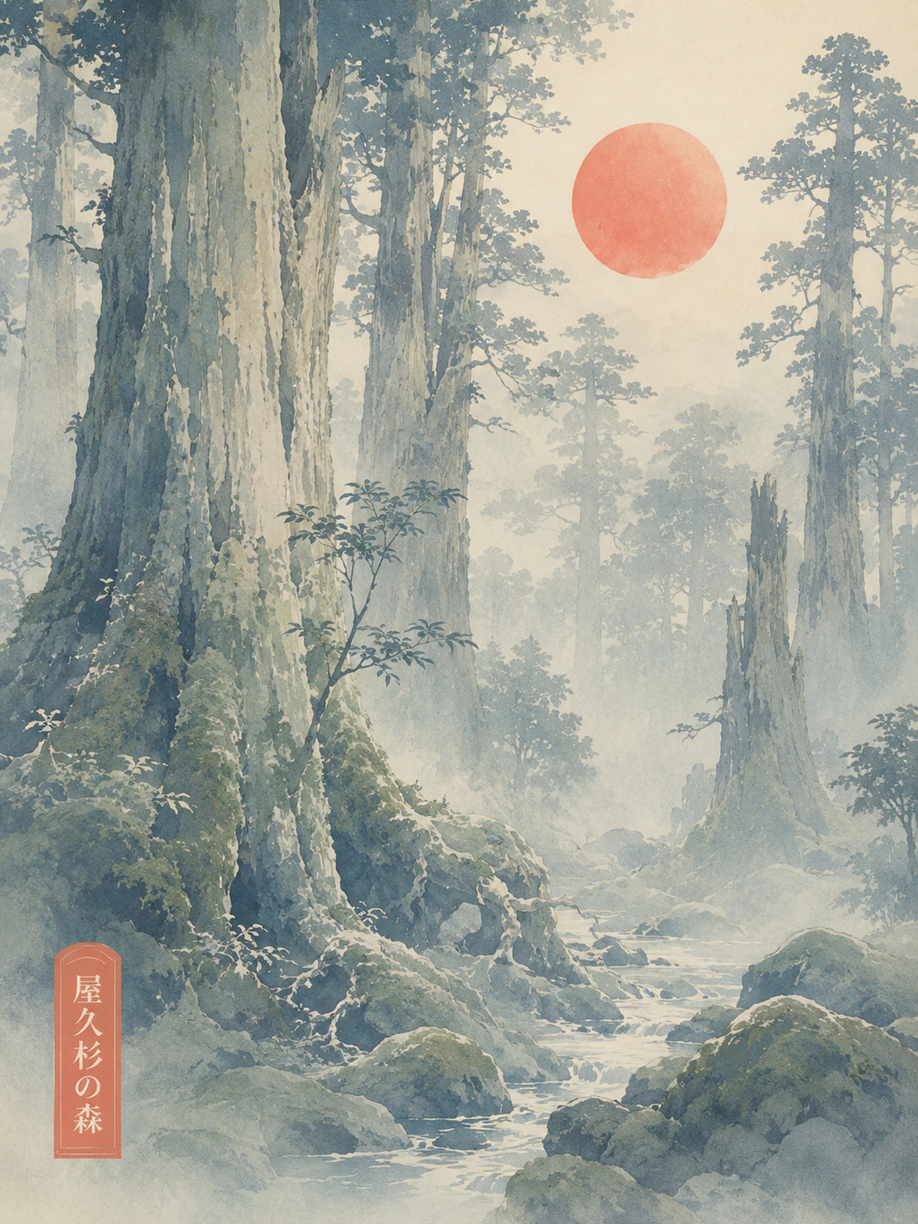 Misty Yakushima Forest Art Print, Japanese Nature Wall Art, Serene Woodblock Style Landscape Poster in Six Sizes - corrected 3x4 flat artwork