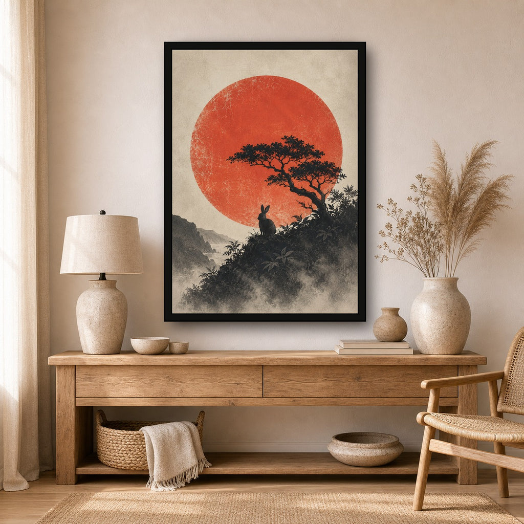 Moon Rabbit Red Sun Poster, Japanese Nature Wall Art, Matte Print - A room mockup