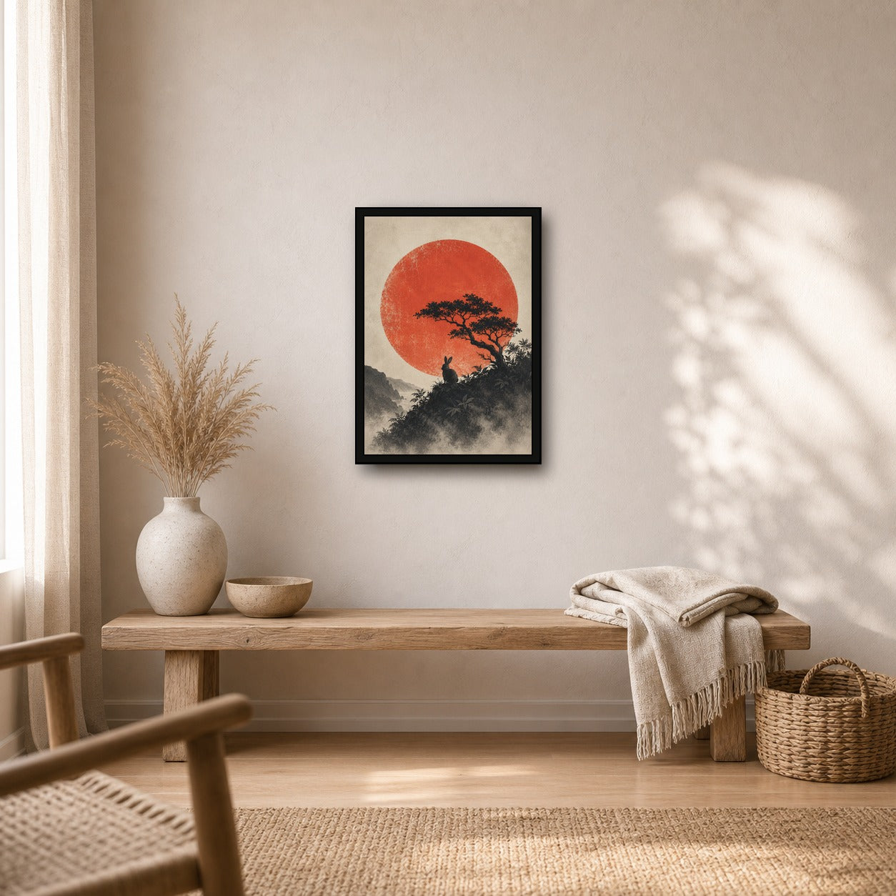 Moon Rabbit Red Sun Poster, Japanese Nature Wall Art, Matte Print - A room mockup