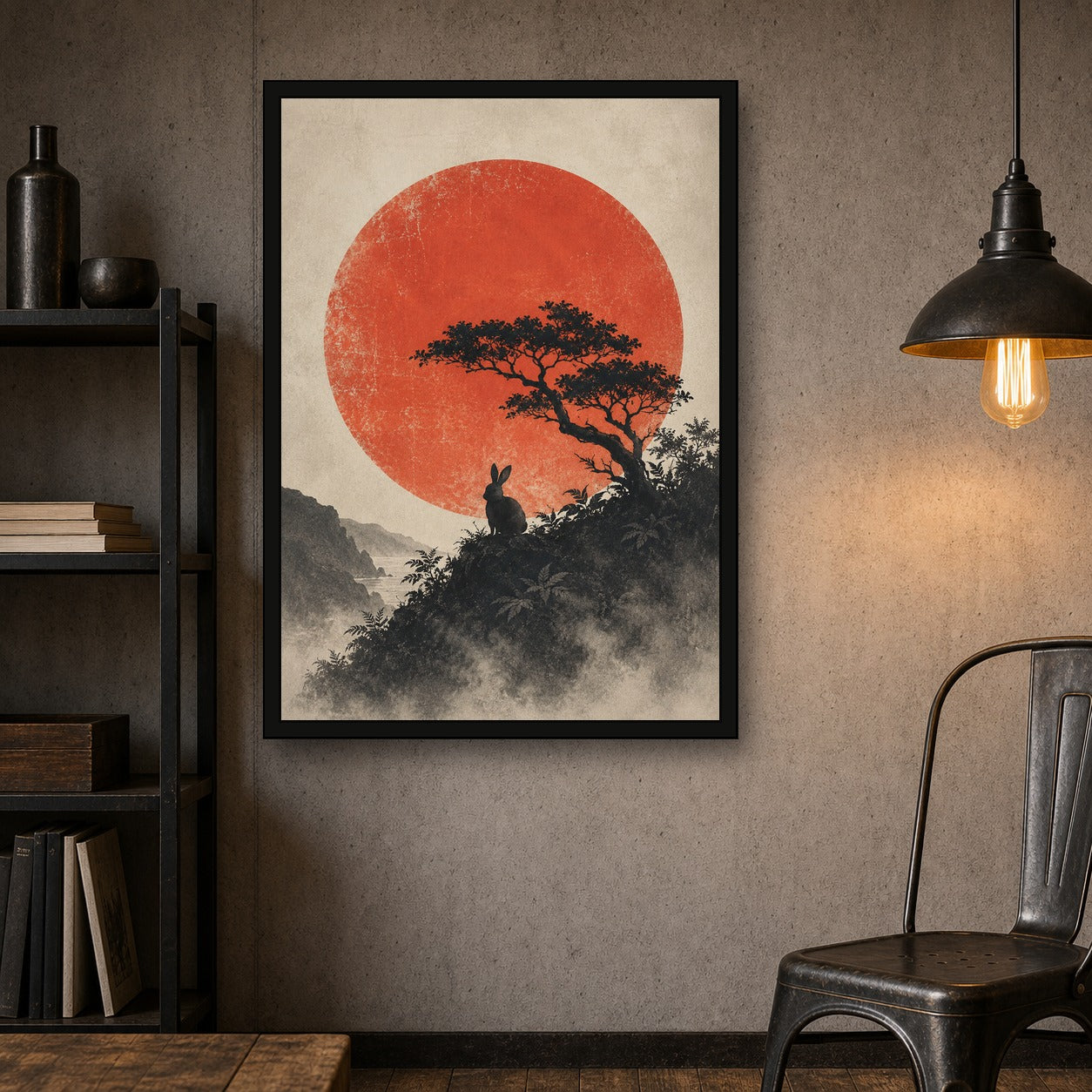 Moon Rabbit Red Sun Poster, Japanese Nature Wall Art, Matte Print - A room mockup