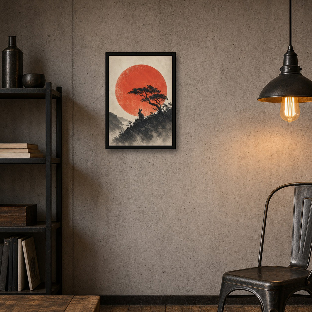 Moon Rabbit Red Sun Poster, Japanese Nature Wall Art, Matte Print - A room mockup