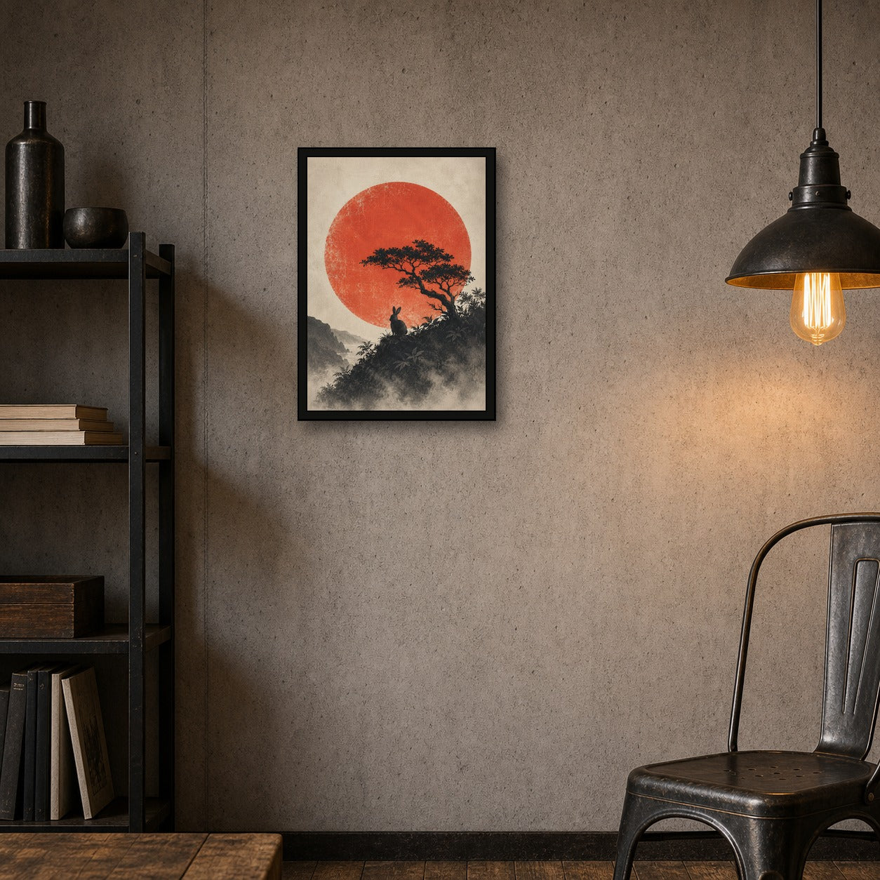 Moon Rabbit Red Sun Poster, Japanese Nature Wall Art, Matte Print - A room mockup
