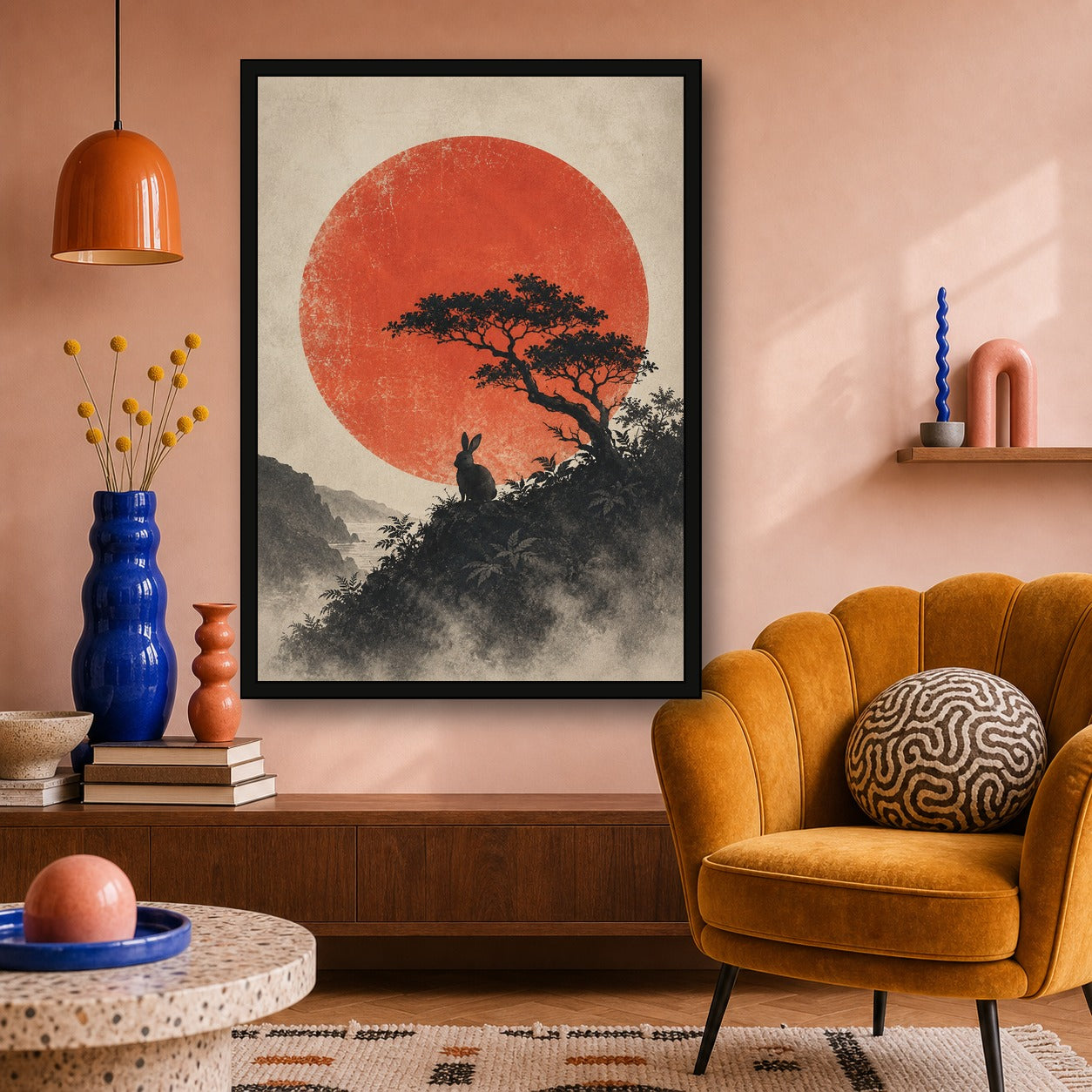 Moon Rabbit Red Sun Poster, Japanese Nature Wall Art, Matte Print - A room mockup