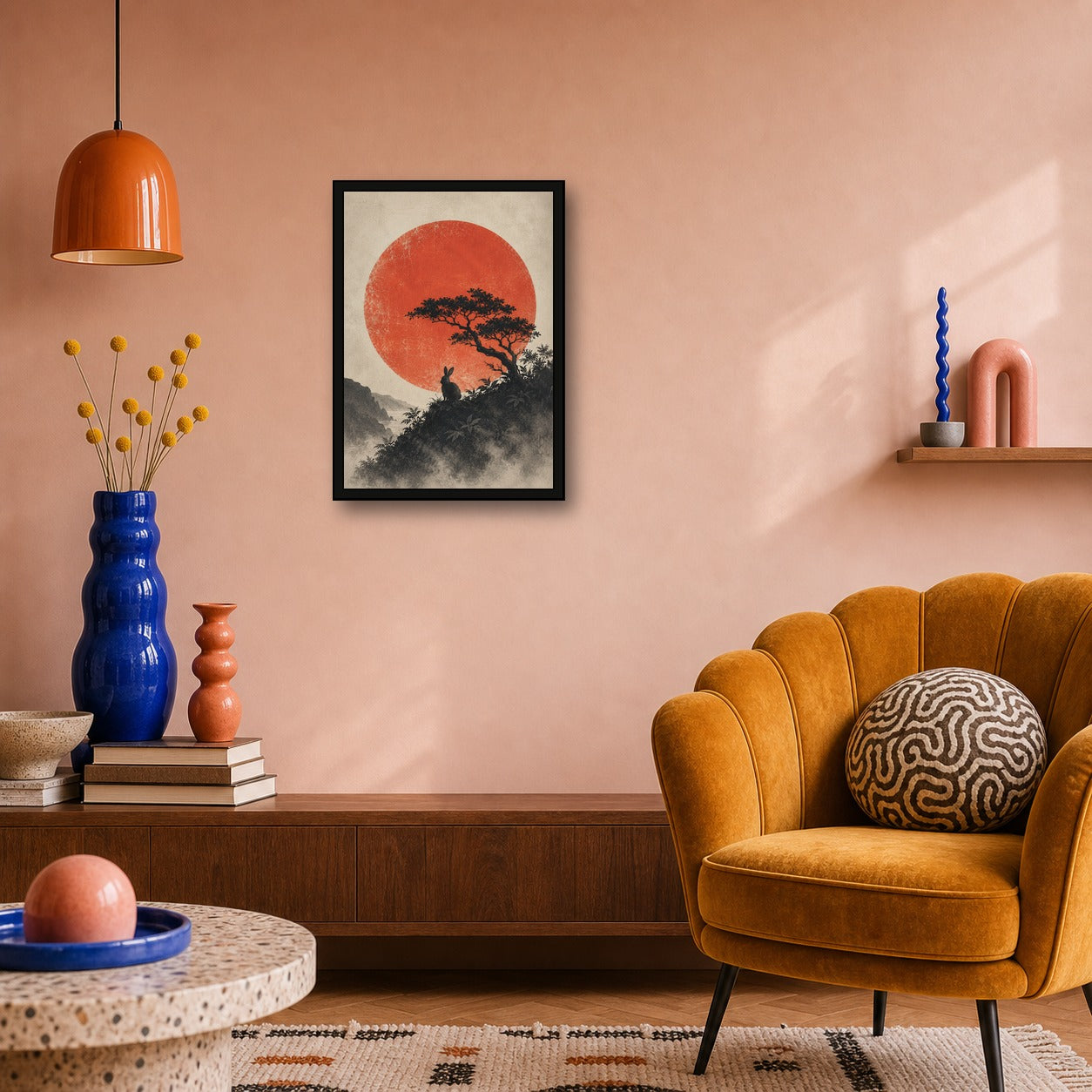Moon Rabbit Red Sun Poster, Japanese Nature Wall Art, Matte Print - A room mockup